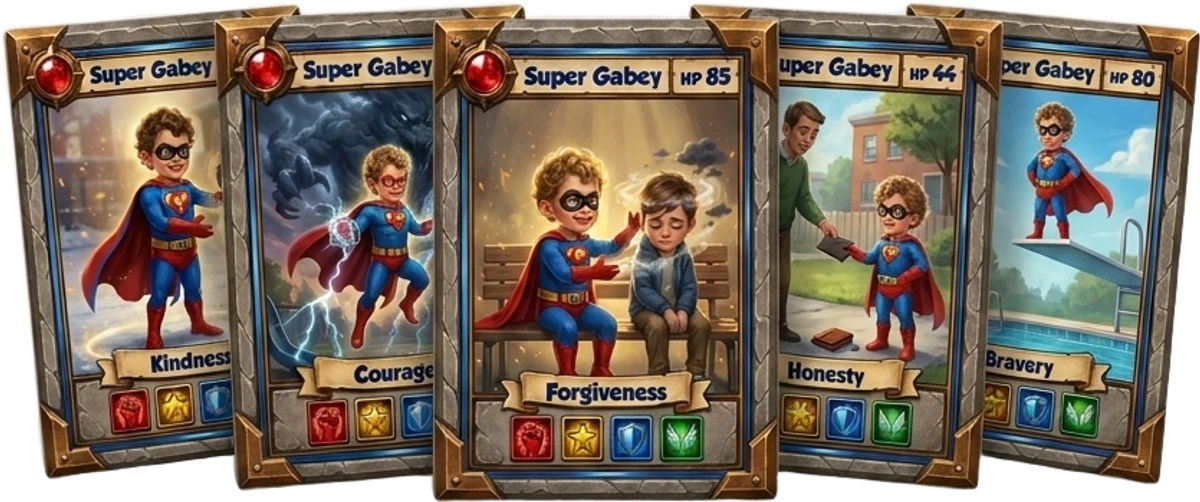 Five custom Super Gabey trading cards: Kindness, Courage, Forgiveness, Honesty, and Bravery