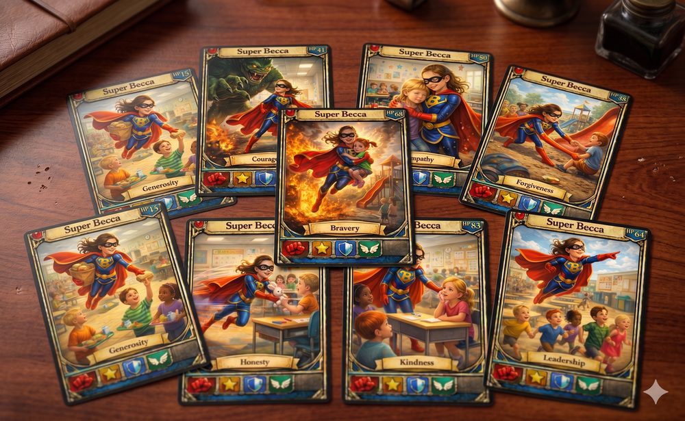 Spread of Lunchbox Legends superhero trading cards