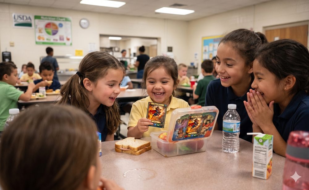 Kids sharing Lunchbox Legends cards at school lunch